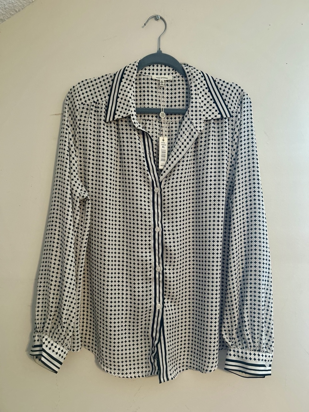 Max Studio Black White Geometric Button Down Blouse NWT XL